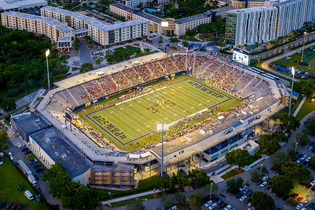 An aerial view of Pitbull Stadium during an FIU Panthers football game.
