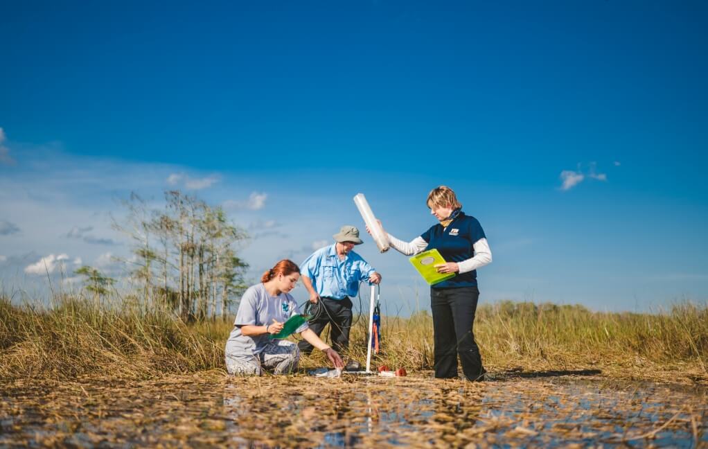 FIU researchers measure water levels in the Everglades